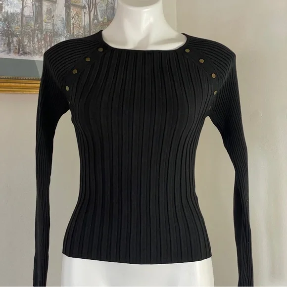 August Silk Petite PS Black Ribbed Sweater Gold Buttons Long Sleeve Y2K Preppy - Picture 3 of 9